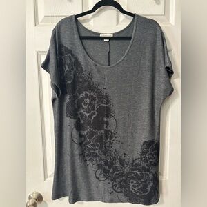 Coldwater Creek Women’s Gray Short Sleeve Tunic Top Large Black Floral & Lace